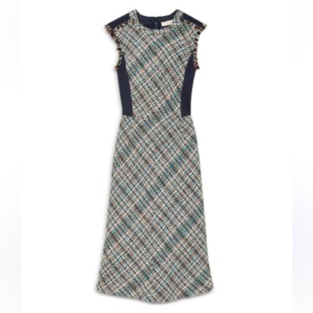 NWOT Tory Burch Navy Grey Tweed Wool Alpaca Midi Sleeveless Dress size 10